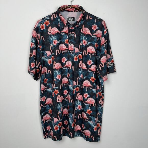 Waggle Other - Waggle Golf Polo Shirt Men's Large Navy Jungle Pink‎ Flamingo Hawaiian Blossom